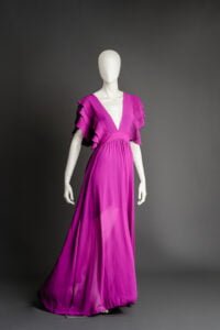 Bold purple maternity gown with ruffled sleeves – maternity photoshoot dresses Nottingham