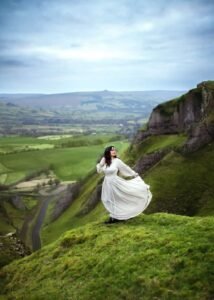Elegant Woman in Cream Floaty Dress at Winnats Pass