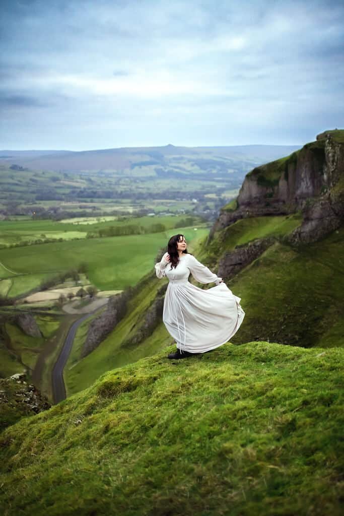 Elegant Woman in Cream Floaty Dress at Winnats Pass