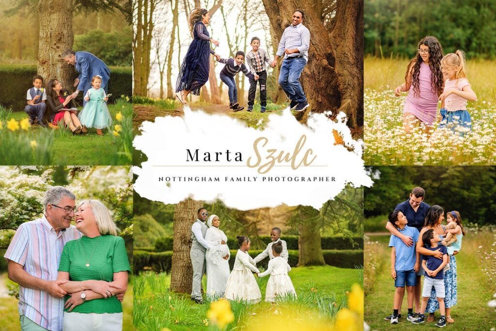Family sitting in a daffodil field during a spring family photography session in Nottingham