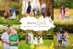 Family sitting in a daffodil field during a spring family photography session in Nottingham