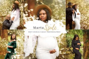 A collage of maternity moments featuring expectant mothers and a couple, showcasing the artistry of Marta Szulc, Nottingham's family photographer.