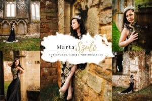 Elegant woman in a regal black gown and tiara posing amidst the historic ruins for an outdoor birthday photoshoot.