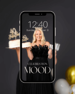 Phone lock screen showing a woman with a cake and crown, celebrating her 40th birthday photoshoot in celebration mood.