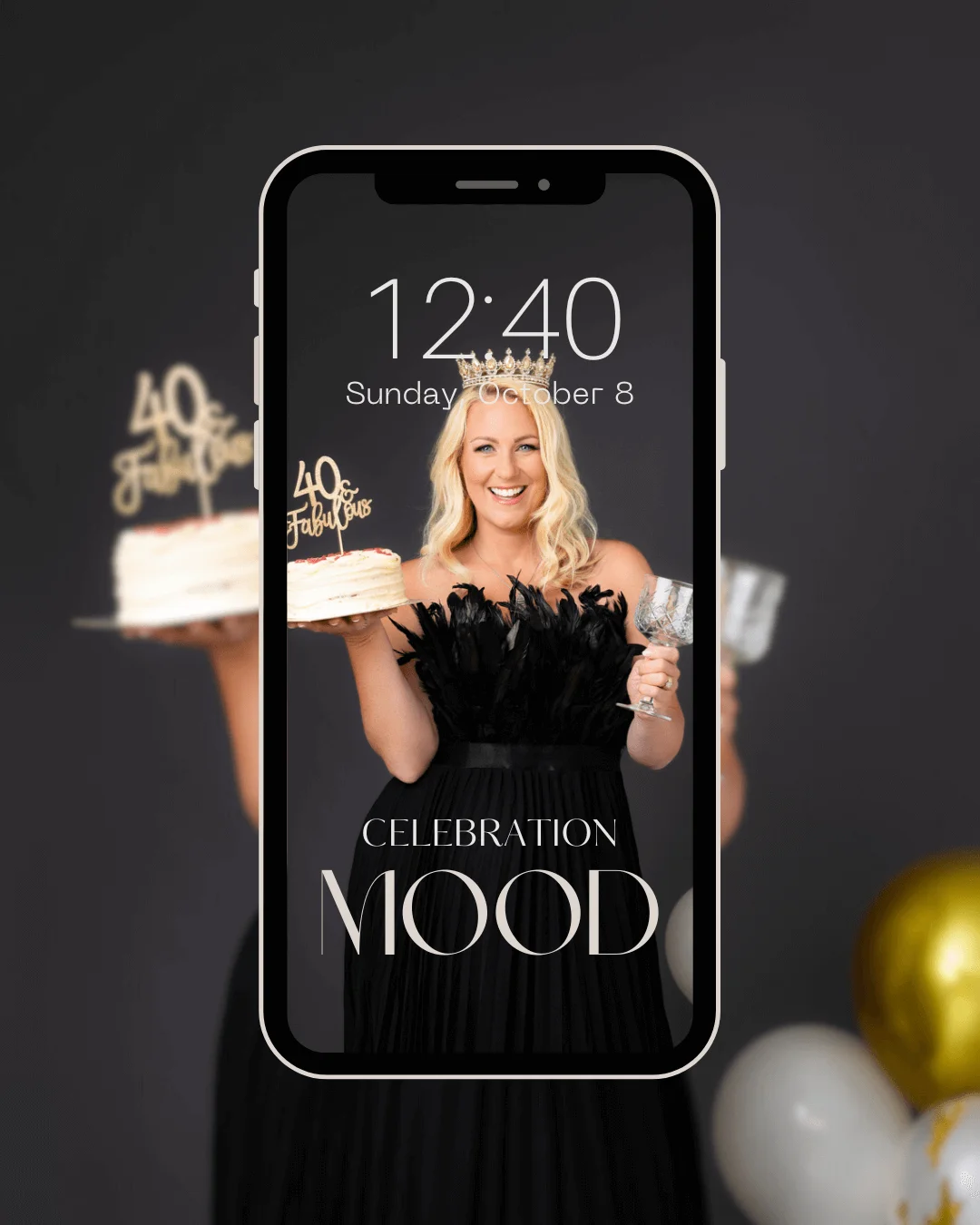 Phone lock screen showing a woman with a cake and crown, celebrating her 40th birthday photoshoot in celebration mood.