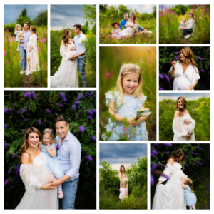 Grid of maternity and family photos captured in a natural setting by a Nottingham photographer