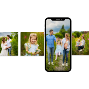 Family moments from a maternity photo shoot displayed on a smartphone with additional photos in the background