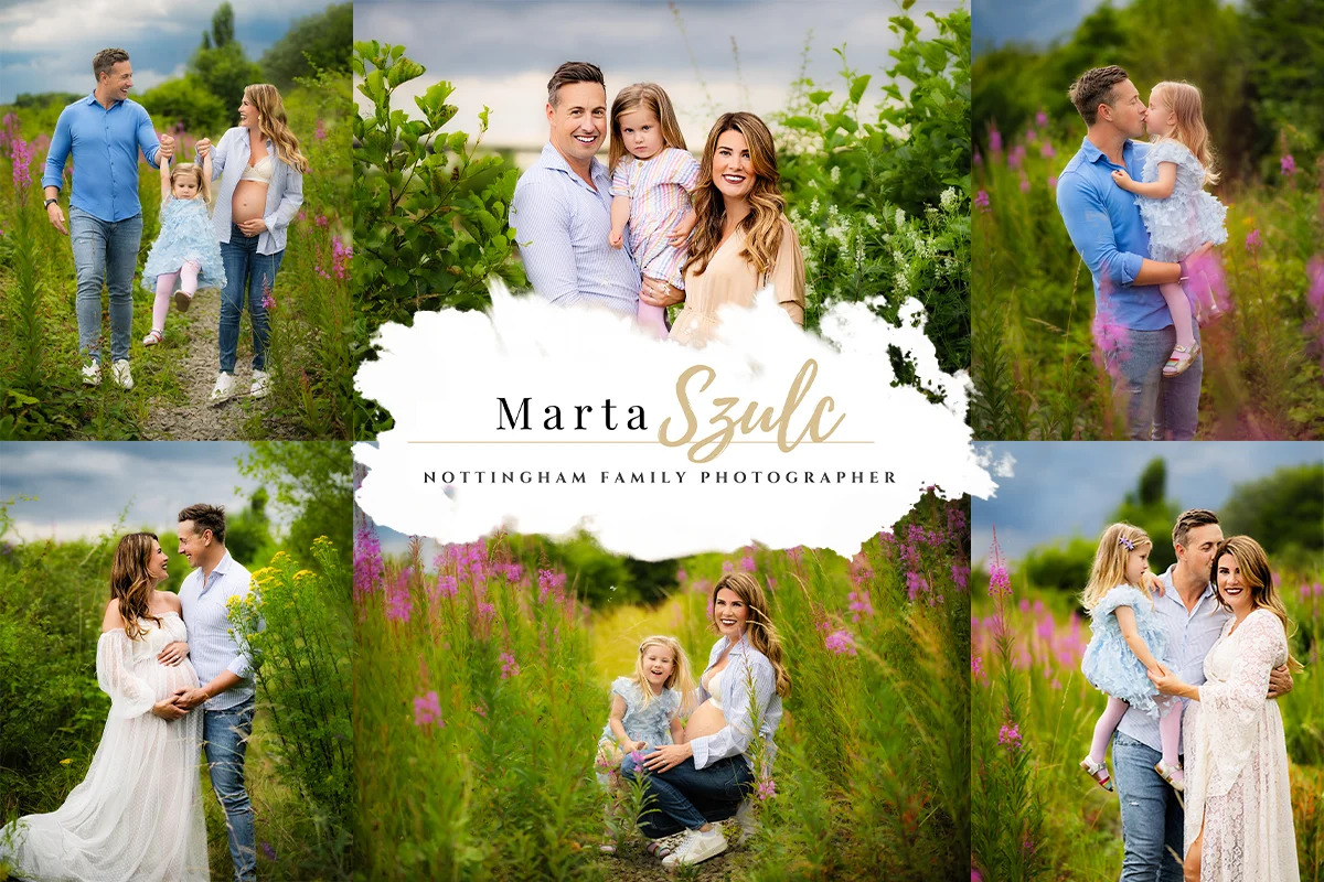 Collage of family moments captured by a Nottingham family photographer during a maternity photo shoot