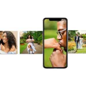 Engagement ring kiss and couple photography displayed on a mobile device with additional images.