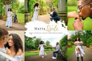 Outdoor couple photography collage in Nottingham, featuring a candid engagement proposal and romantic moments.