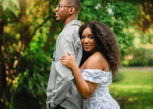 Close-up of a couple standing together during their outdoor couple photography session in Nottingham.