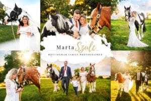 Family equine photoshoot with two horses in a rural location during sunset