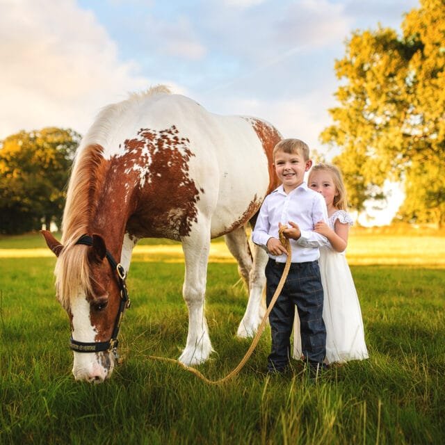 Children standing with a horse in a rural field during a family equine photoshoot