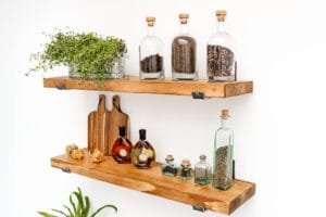 Stylish wooden shelves with spices, herbs, and decor, photographed for Nottingham product photography studio.