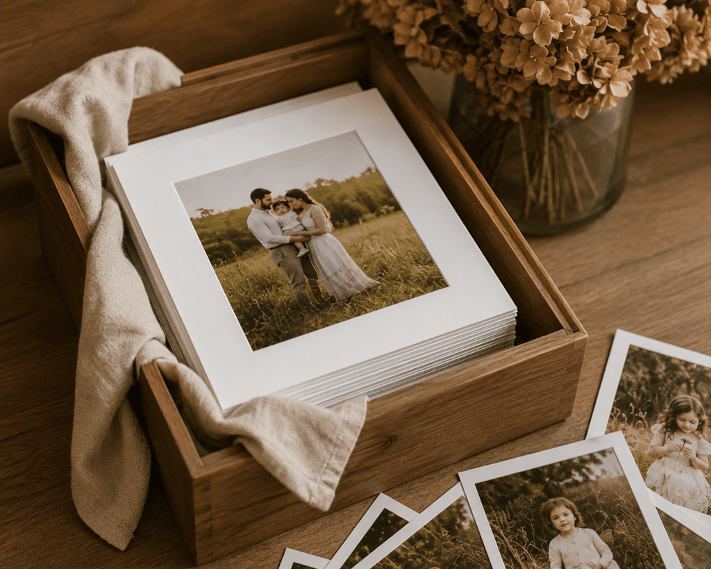 Luxury wooden keepsake box with family photography prints by Nottingham Family Photographer.
