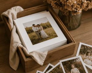 Luxury wooden keepsake box with family photography prints by Nottingham Family Photographer.