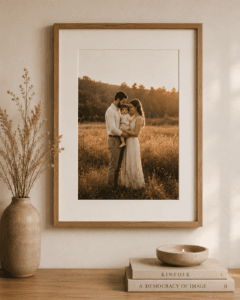 Framed family photography wall art displayed in a warm neutral home interior.