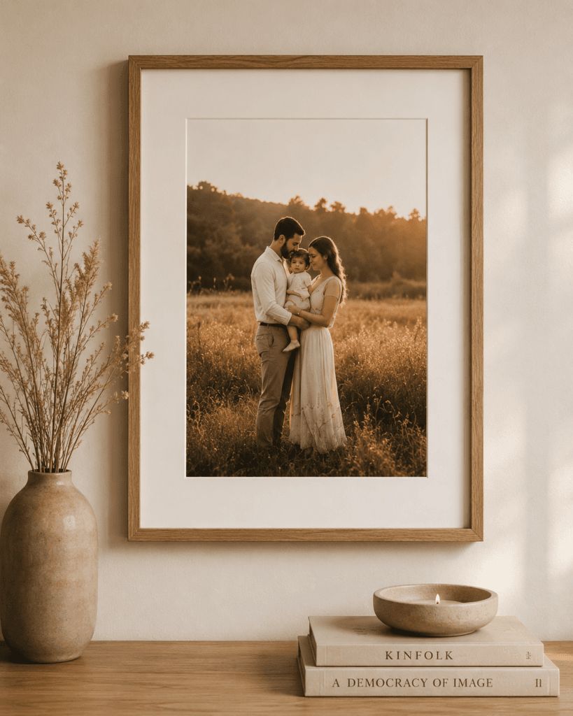 Framed family photography wall art displayed in a warm neutral home interior.