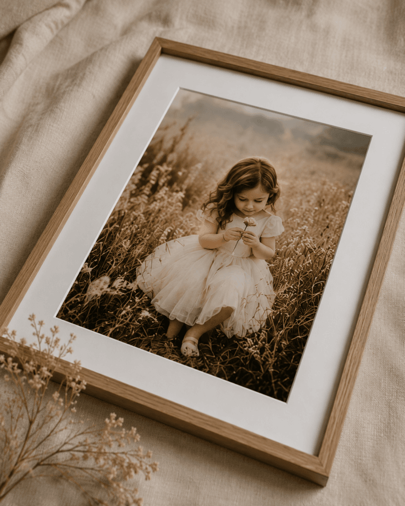 Large fine art family photography prints displayed on a neutral styled surface.