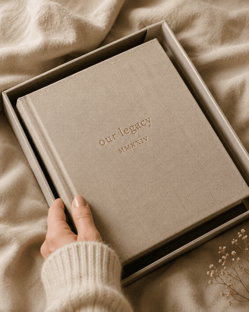 Luxury family photography album with printed portraits and neutral styling by Nottingham Family Photographer.